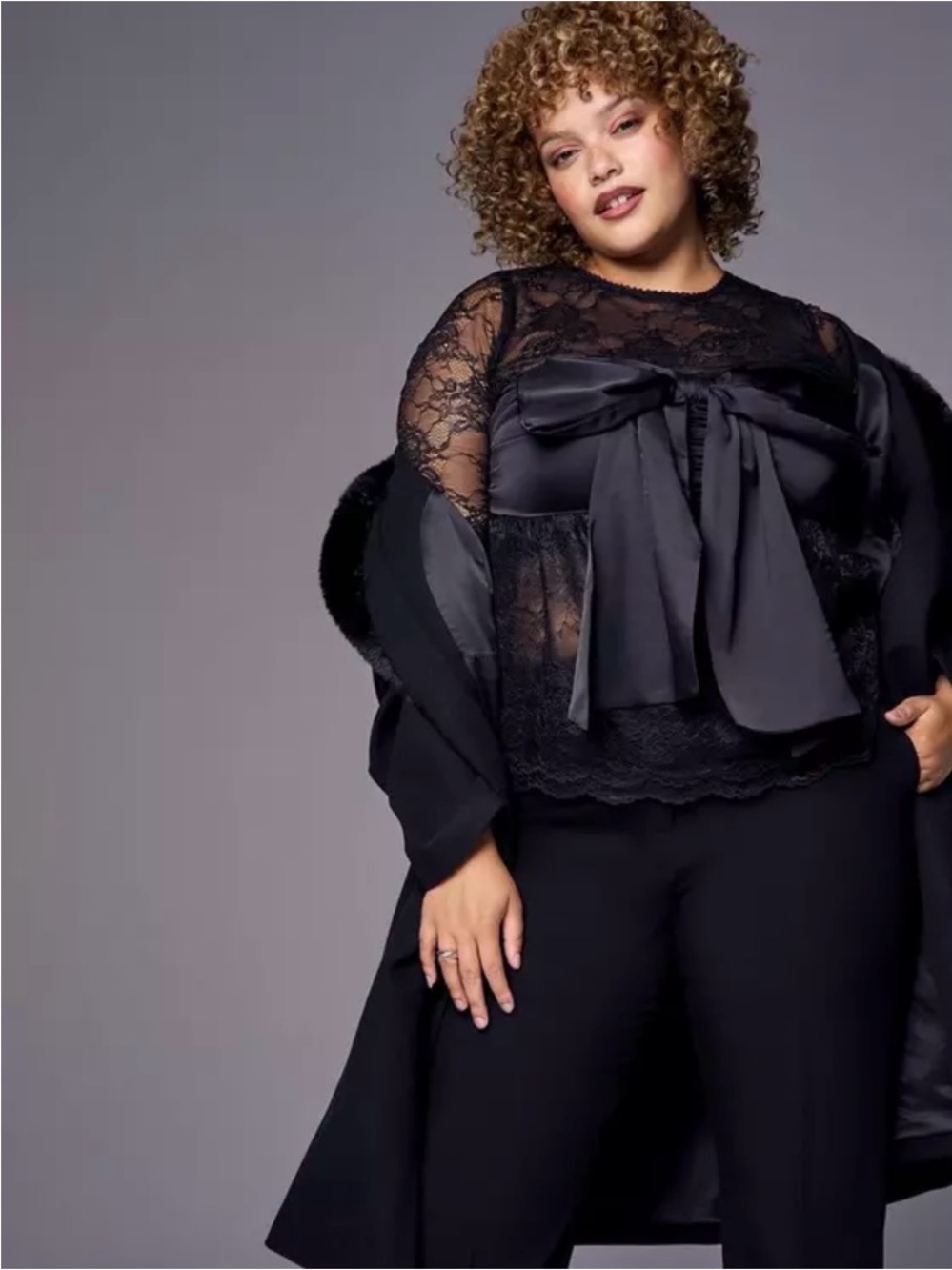 STUDIO by TORRID PLUS SIZE 3X Deep Black Lace Bow Front Sheer Sleeve Blouse NWT
